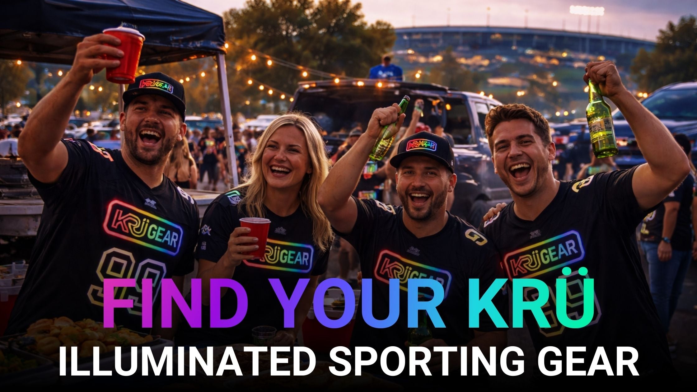 Group of people at a sporting event with 'KRU Gear' branding, holding drinks and smiling.