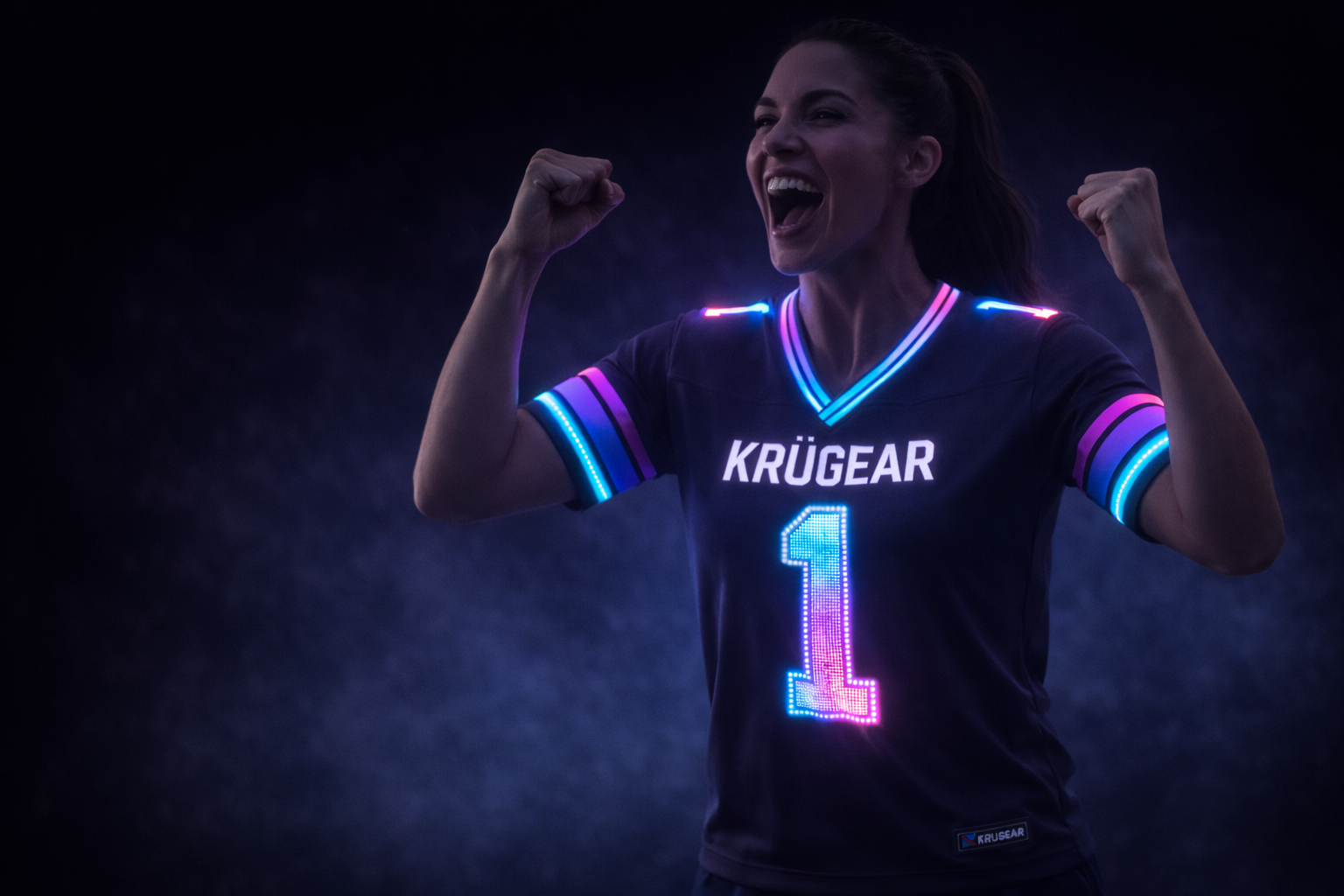 Person wearing a glowing sports jersey with 'Kröugear' branding on a dark background